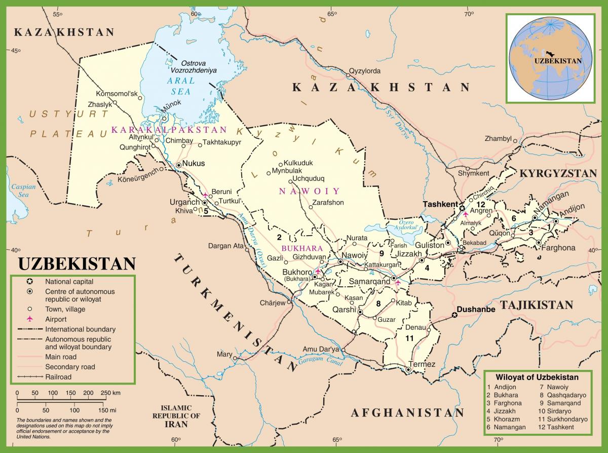 картата на Узбекистан политически 