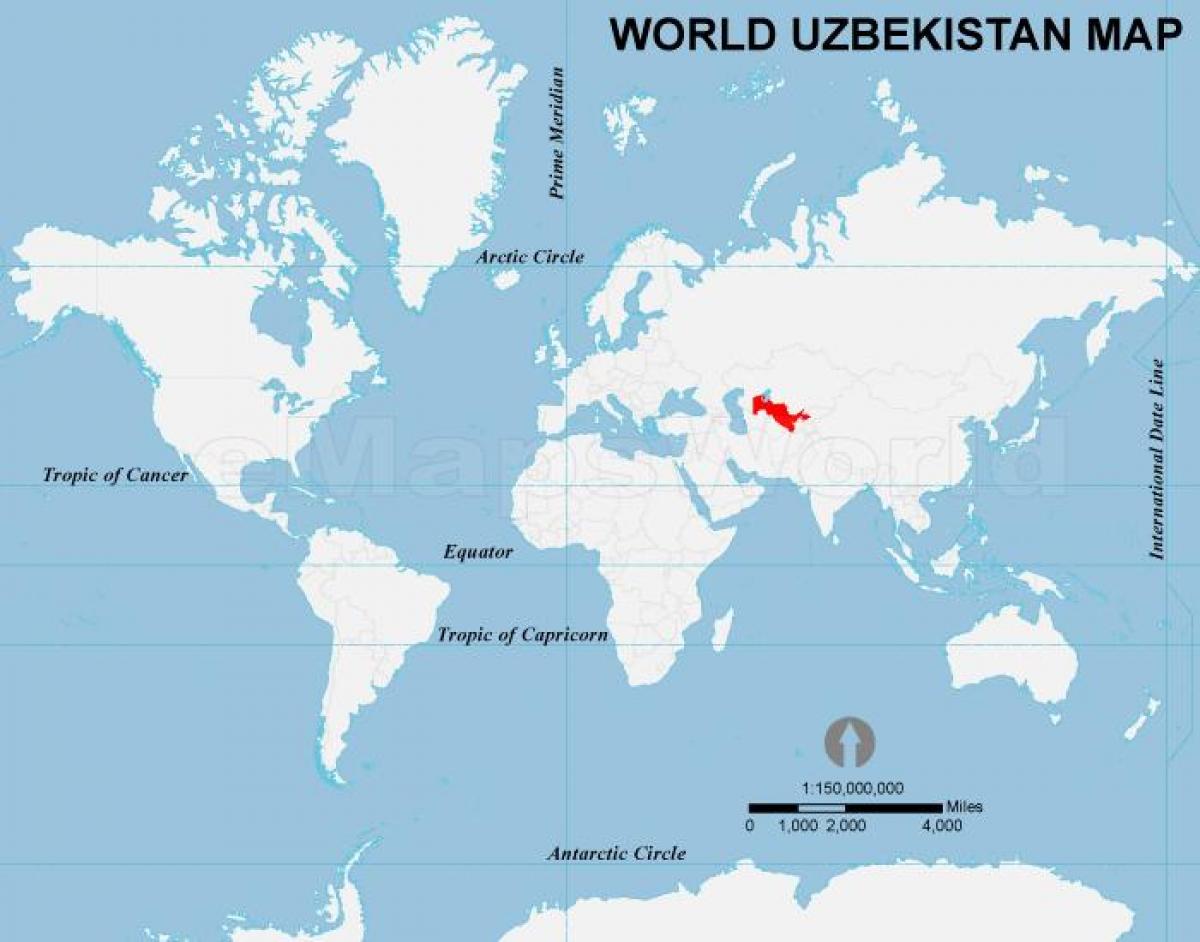 Местоположение на Узбекистан върху картата на света